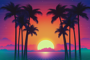 The sun rises over the ocean, with palm trees in the foreground, all in bright 80's style colors