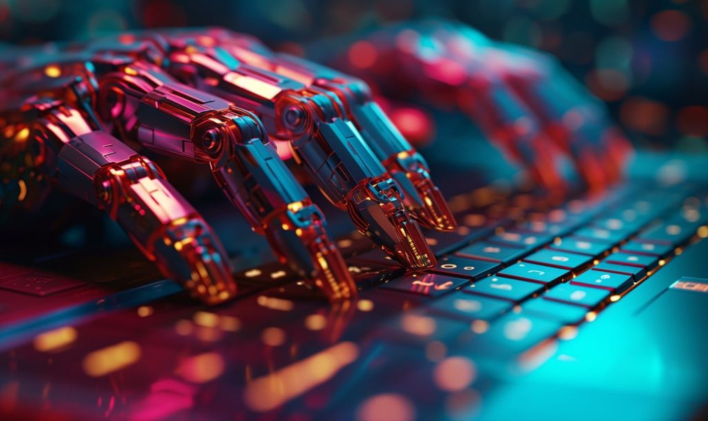 robot hands typing on a keyboard