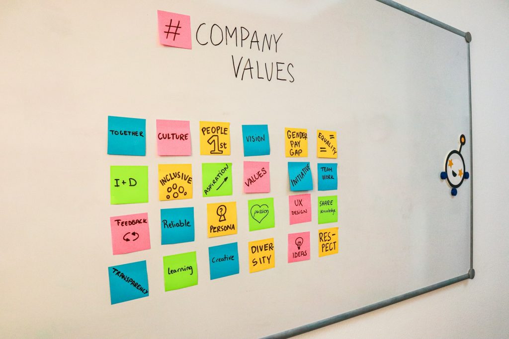 close-up on a whiteboard displaying company values on post-it notes